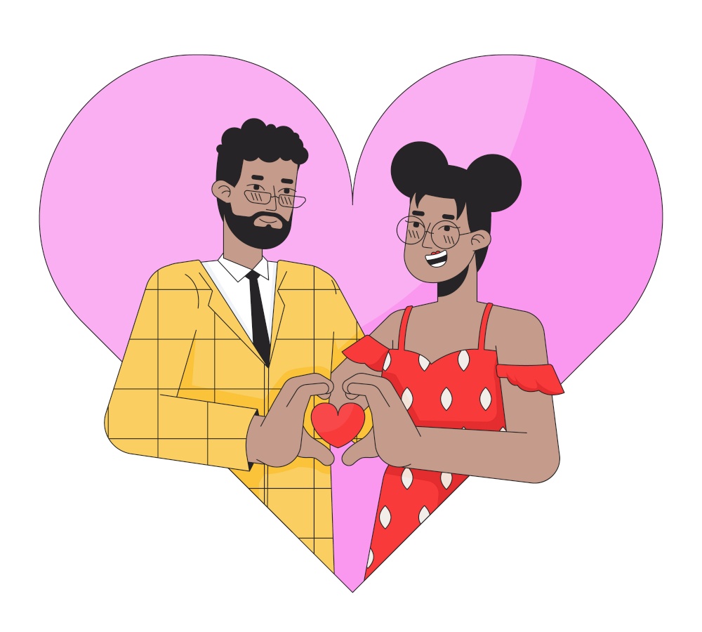 African american soulmates 14 february 2D linear illustration concept. Valentines amorous couple cartoon characters isolated on white. Romantic feelings metaphor abstract flat vector outline graphic. African american soulmates 14 february 2D linear illustration concept