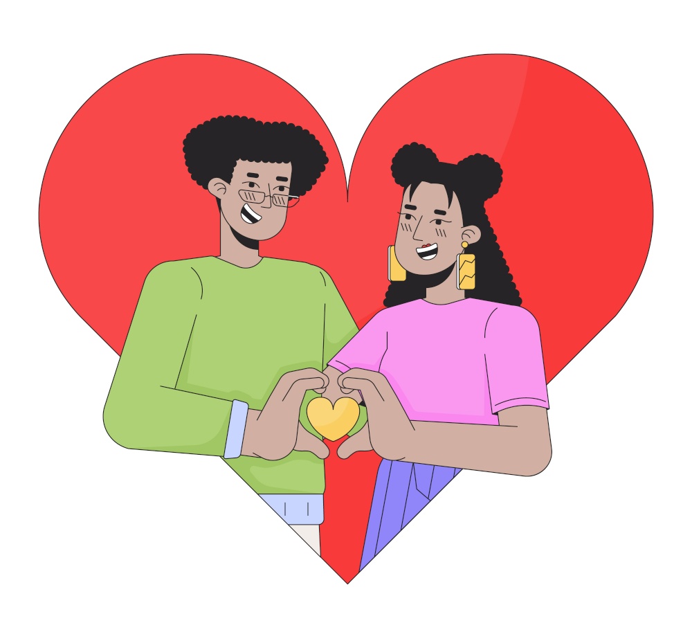 Relationship heterosexual couple hispanic 2D linear illustration concept. Valentine day latin american cartoon characters isolated on white. Matching app metaphor abstract flat vector outline graphic. Relationship heterosexual couple hispanic 2D linear illustration concept
