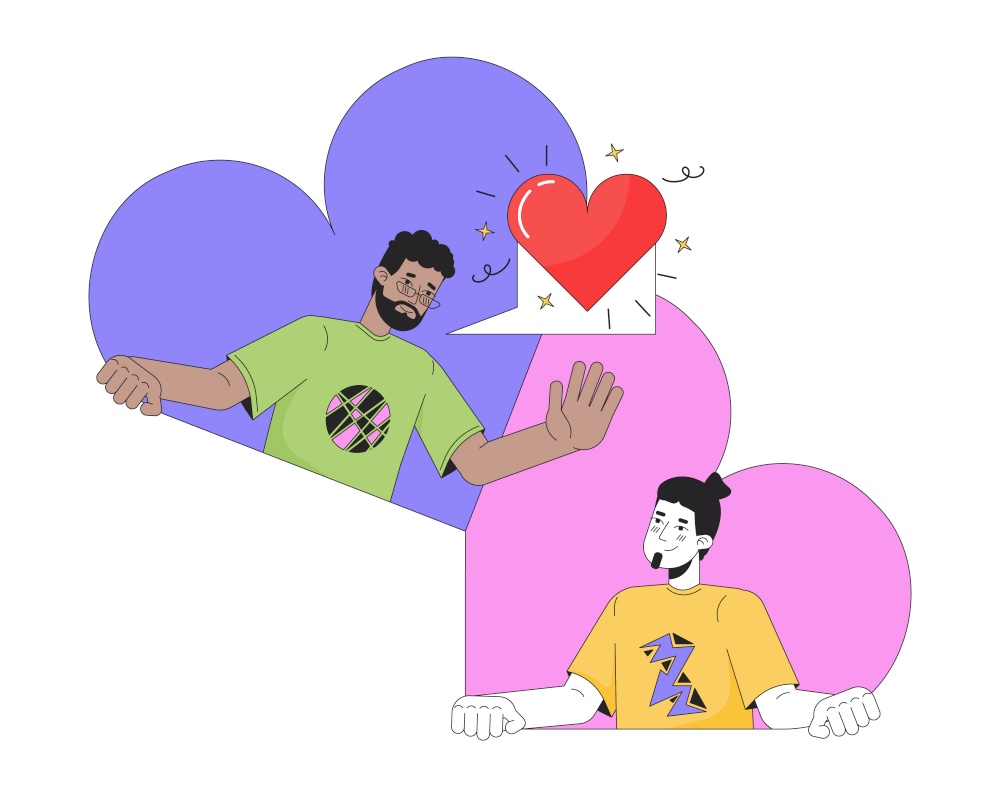 Boyfriends gay dating app 2D linear illustration concept. Interracial lovers homosexual cartoon characters isolated on white. Long distance relationship metaphor abstract flat vector outline graphic. Boyfriends gay dating app 2D linear illustration concept