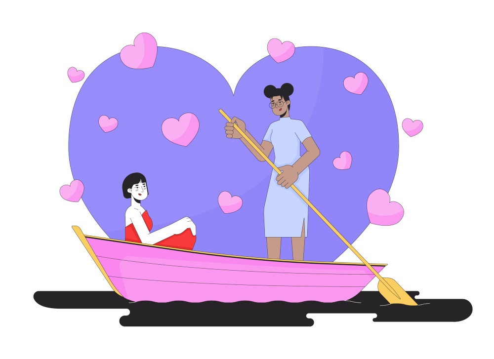Girlfriends in love rowing boat on lake 2D linear illustration concept. Interracial couple lesbian lovers cartoon characters isolated on white. Romantic metaphor abstract flat vector outline graphic. Girlfriends in love rowing boat on lake 2D linear illustration concept