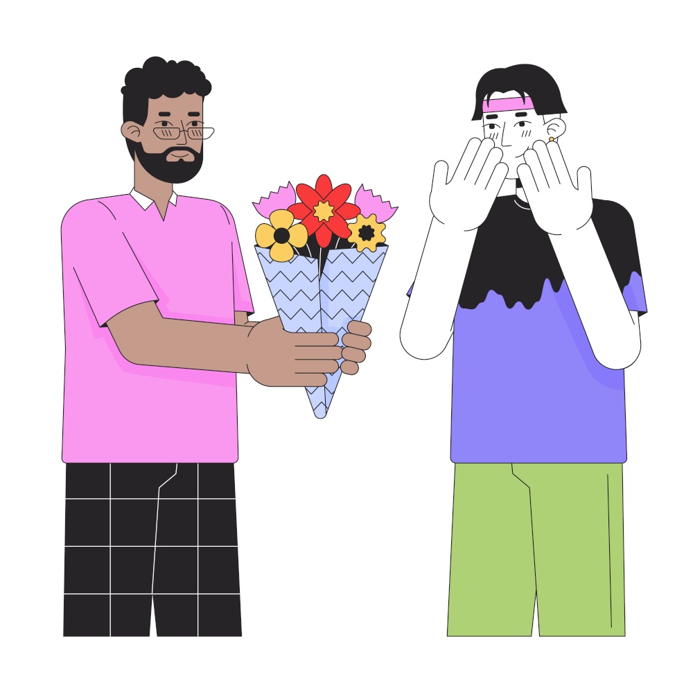 Man gifting flower bouquet to male lover male line cartoon flat illustration. Interracial couple gay 2D lineart characters isolated on white background. Valentines present scene vector color image. Man gifting flower bouquet to male lover male line cartoon flat illustration