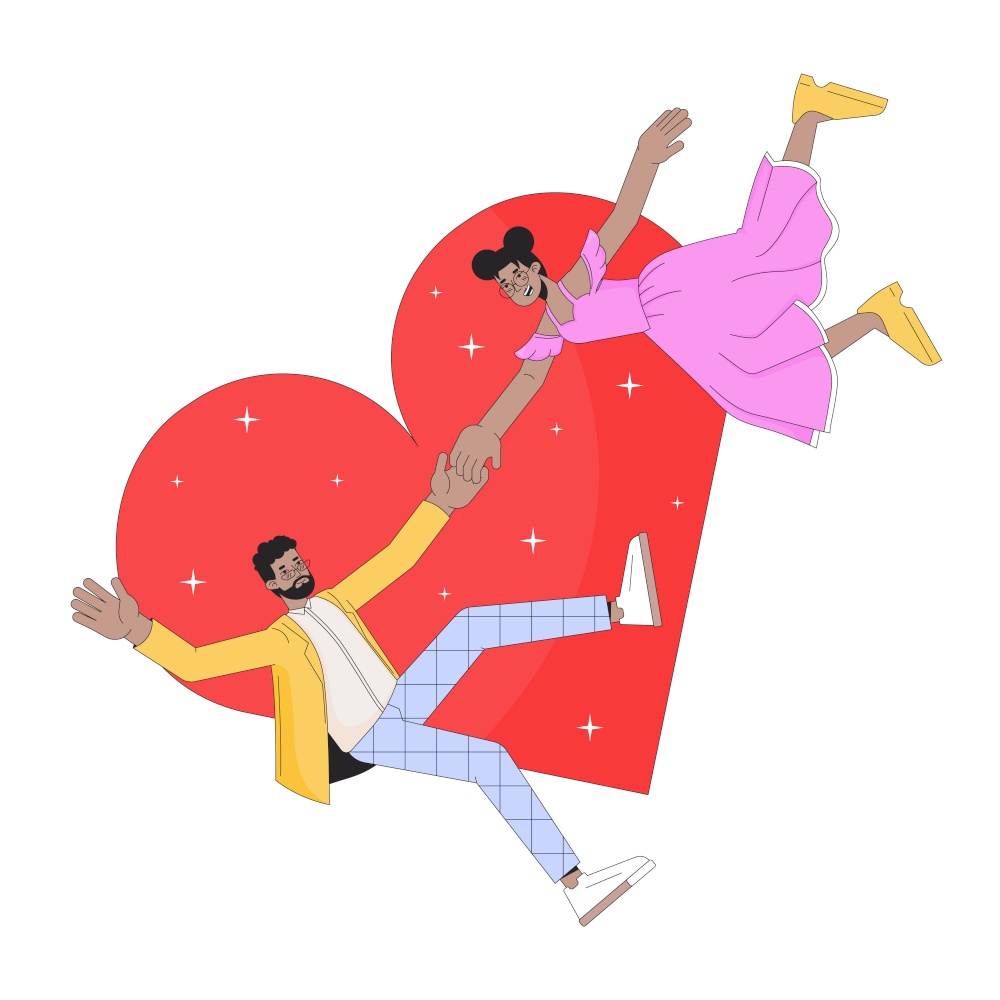 African-american couple love at first sight 2D linear illustration concept. Black girlfriend boyfriend cartoon characters isolated on white. Romance enjoy metaphor abstract flat vector outline graphic. African-american couple love at first sight 2D linear illustration concept