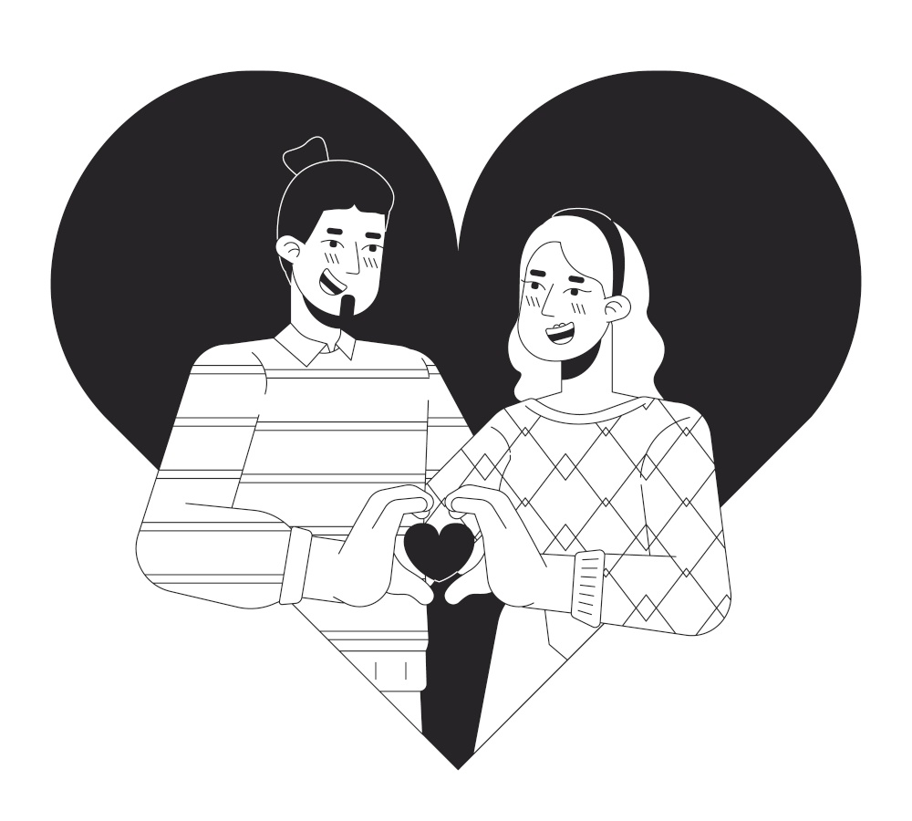 Caucasian girlfriend boyfriend 14 february black and white 2D illustration concept. Valentine day couple cartoon outline characters isolated on white. Bonding relations metaphor monochrome vector art. Caucasian girlfriend boyfriend 14 february black and white 2D illustration concept