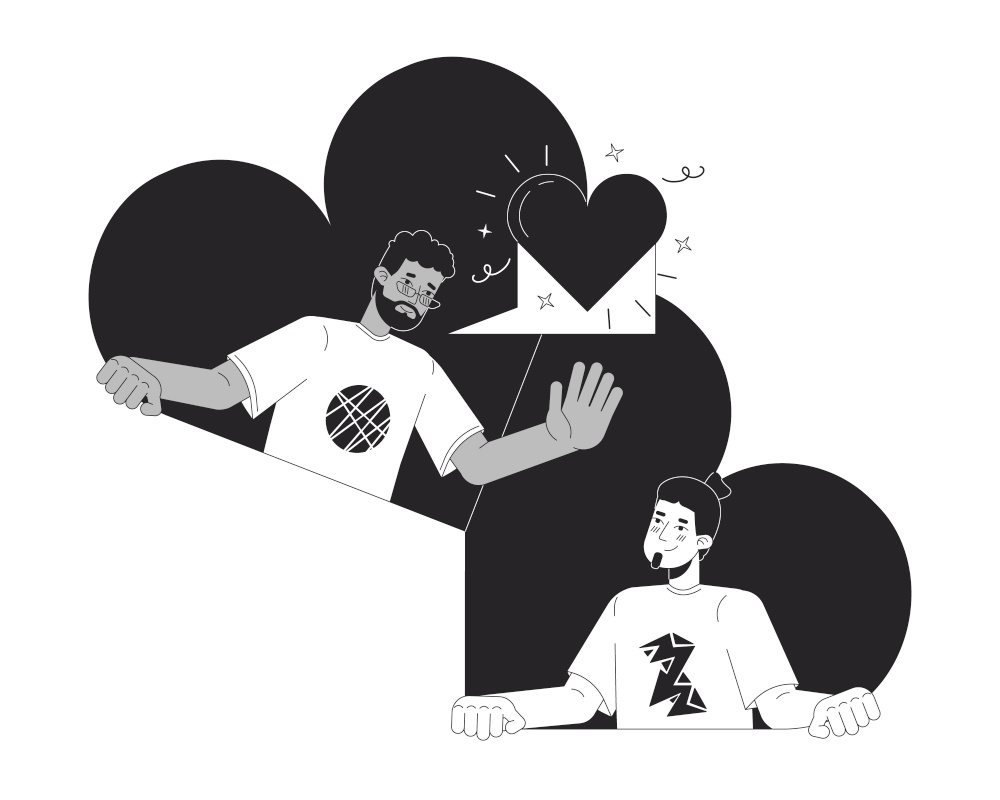 Boyfriends gay dating app black and white 2D illustration concept. Interracial lovers homosexual cartoon outline characters isolated on white. Long distance relationship metaphor monochrome vector art. Boyfriends gay dating app black and white 2D illustration concept