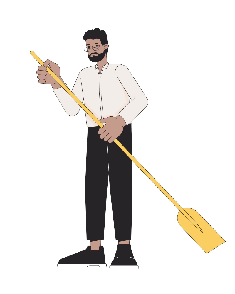 Formal wear black adult man holding paddle 2D linear cartoon character. African american male isolated line vector person white background. Water activity paddleboarding color flat spot illustration. Formal wear black adult man holding paddle 2D linear cartoon character