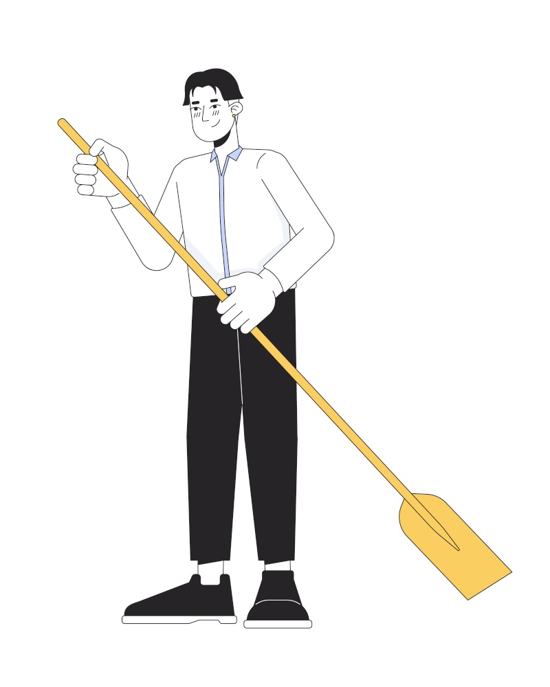 Formal wear korean man holding paddle 2D linear cartoon character. Asian young male isolated line vector person white background. Water activity paddleboarding color flat spot illustration. Formal wear korean man holding paddle 2D linear cartoon character