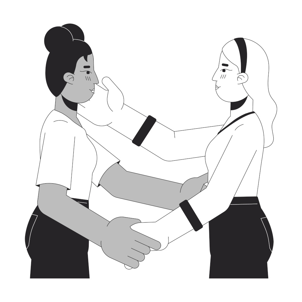Lesbian girlfriends lovers embrace black and white 2D line cartoon characters. Lovey-dovey women isolated vector outline people. I love you. Intimate bonding monochromatic flat spot illustration. Lesbian girlfriends lovers embrace black and white 2D line cartoon characters