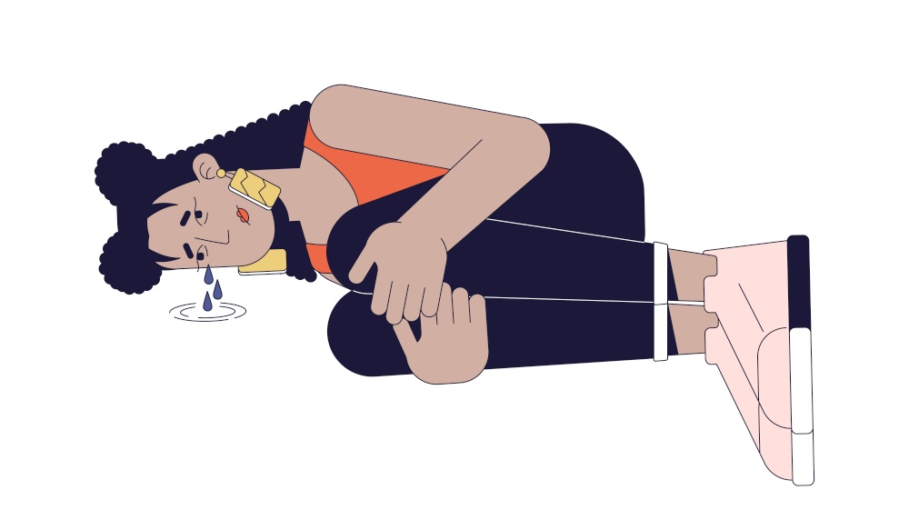 Heartbroken latina woman lying curled up 2D linear cartoon character. Suffering period cramps hispanic girl isolated line vector person white background. Emotional stress color flat spot illustration. Heartbroken latina woman lying curled up 2D linear cartoon character