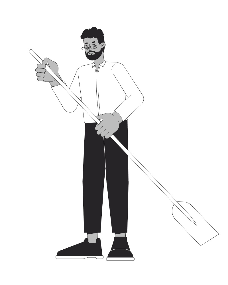 Formal wear black adult man holding paddle black and white 2D line cartoon character. African american male isolated vector outline person. Water paddleboarding monochromatic flat spot illustration. Formal wear black adult man holding paddle black and white 2D line cartoon character