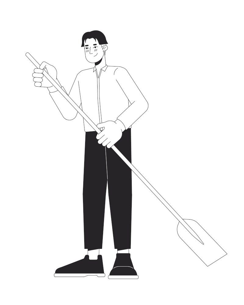 Formal wear korean man holding paddle black and white 2D line cartoon character. Asian young male isolated vector outline person. Water activity paddleboarding monochromatic flat spot illustration. Formal wear korean man holding paddle black and white 2D line cartoon character