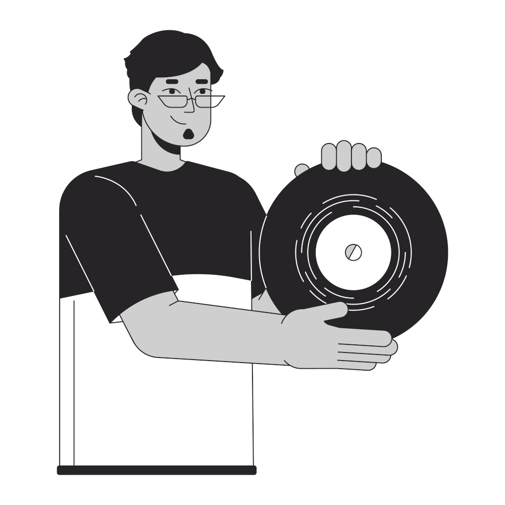 Happy arab man presenting vinyl record black and white 2D line cartoon character. Millennial guy retro music lover isolated vector outline person. Nostalgia audio monochromatic flat spot illustration. Happy arab man presenting vinyl record black and white 2D line cartoon character