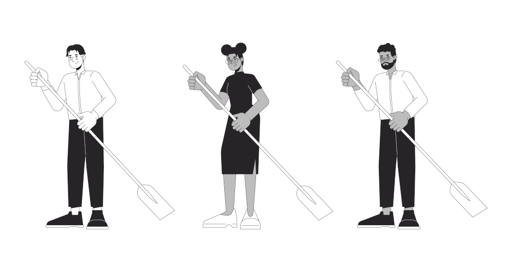 Formal diverse adults rowing paddles black and white 2D line cartoon characters set. Multicultural isolated vector outline people collection. Water activity monochromatic flat spot illustrations. Formal diverse adults rowing paddles black and white 2D line cartoon characters set