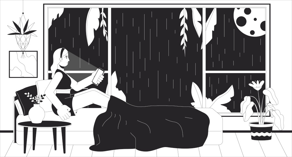 Sleepless night scrolling phone black and white lofi wallpaper. Girl surfing internet at rainy midnight 2D outline cartoon flat illustration. Insomnia. Dreamy vibes vector line lo fi background. Sleepless night scrolling phone black and white lofi wallpaper