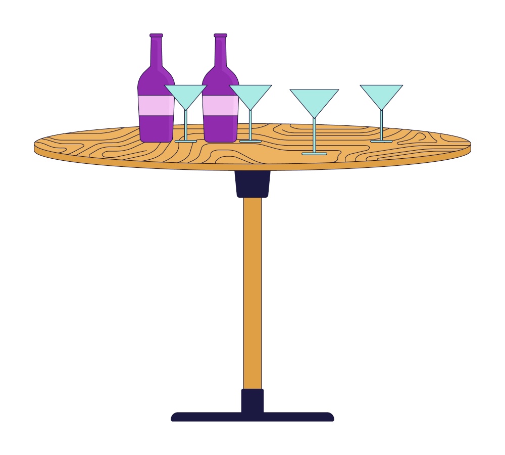 Alcohol drinks on table 2D linear cartoon object. Cocktails for guests. Mini bar at festive party isolated line vector element white background. Holiday event treatment color flat spot illustration. Alcohol drinks on table 2D linear cartoon object