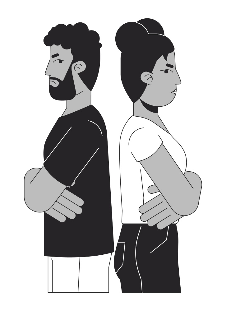 African american heterosexual couple disagree black and white 2D line cartoon characters. Conflict adults isolated vector outline people. Gesture body language monochromatic flat spot illustration. African american heterosexual couple disagree black and white 2D line cartoon characters