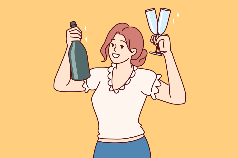 Woman shows bottle of champagne and wine glasses, suggesting friday night party to take break from work. Business girl calls for glass of wine to celebrate signing of lucrative contract. Woman shows bottle champagne and wine glasses, suggesting friday night party to take break from work