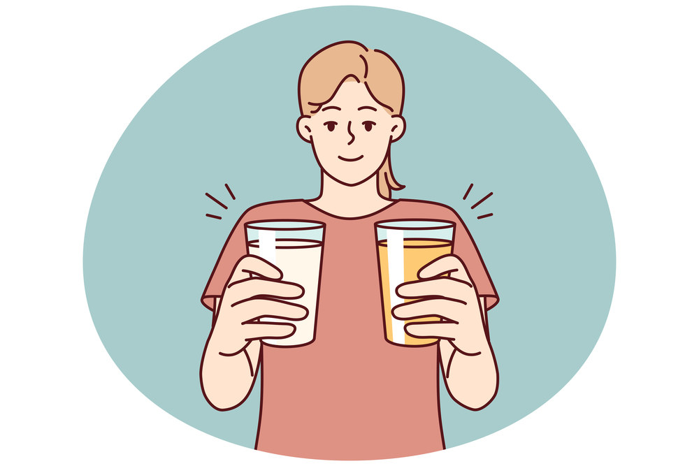 Woman with two glasses filled with cocktails wants to treat you and offers you drink. Girl stretches hands with mugs to screen, offering choice one of thirst-quenching lemonades. Flat vector design. Woman with two glasses filled with cocktails wants to treat you and offers you drink. Vector image