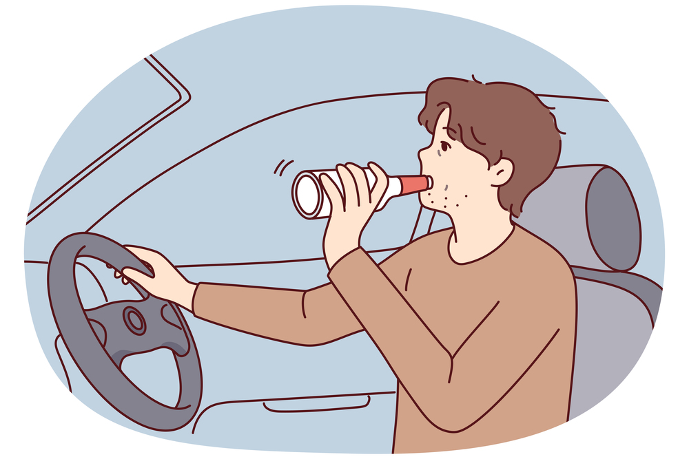 Irresponsible man drinks alcohol from bottle driving car risking lives of pedestrians. Guy driver drinks beer and does not use seat belt steering vehicle violating rules of road. Flat vector design. Irresponsible man drinks alcohol from bottle driving car risking lives of pedestrians. Vector image