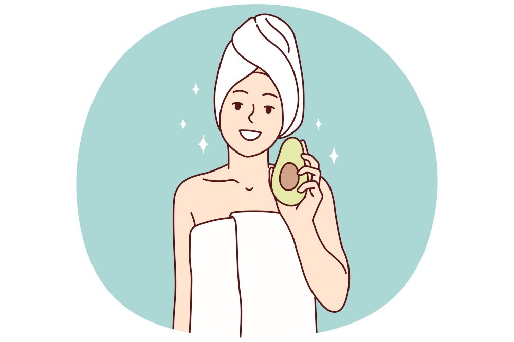 Woman in white towel after getting out of shower or bath recommends using avocado for cosmetic masks. Girl after completion of spa procedures demonstrates fruit that affects beauty. Flat vector image. Woman in white towel after getting out SPA recommends using avocado for cosmetic masks. Vector image