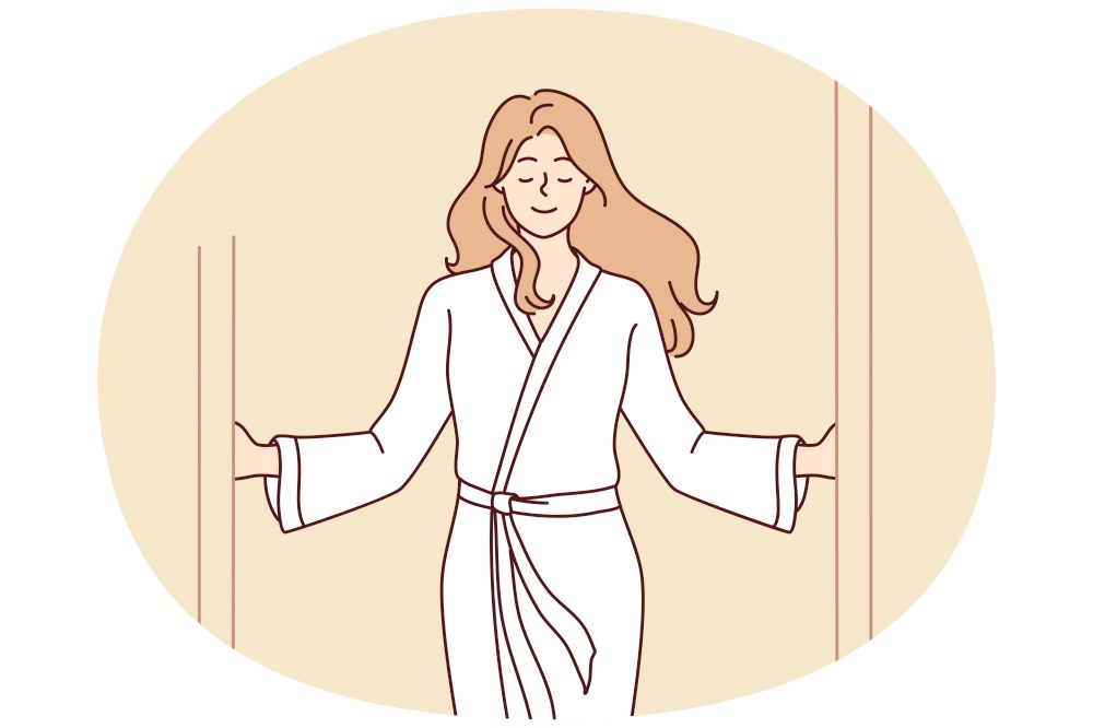 Woman in white coat comes out of shower with satisfied expression feels relieved and gratification. Girl in bathrobe while visiting SPA center looks forward to pleasant procedures. Flat vector image. Woman in bathrobe while visiting SPA center looks forward to pleasant procedures. Vector image