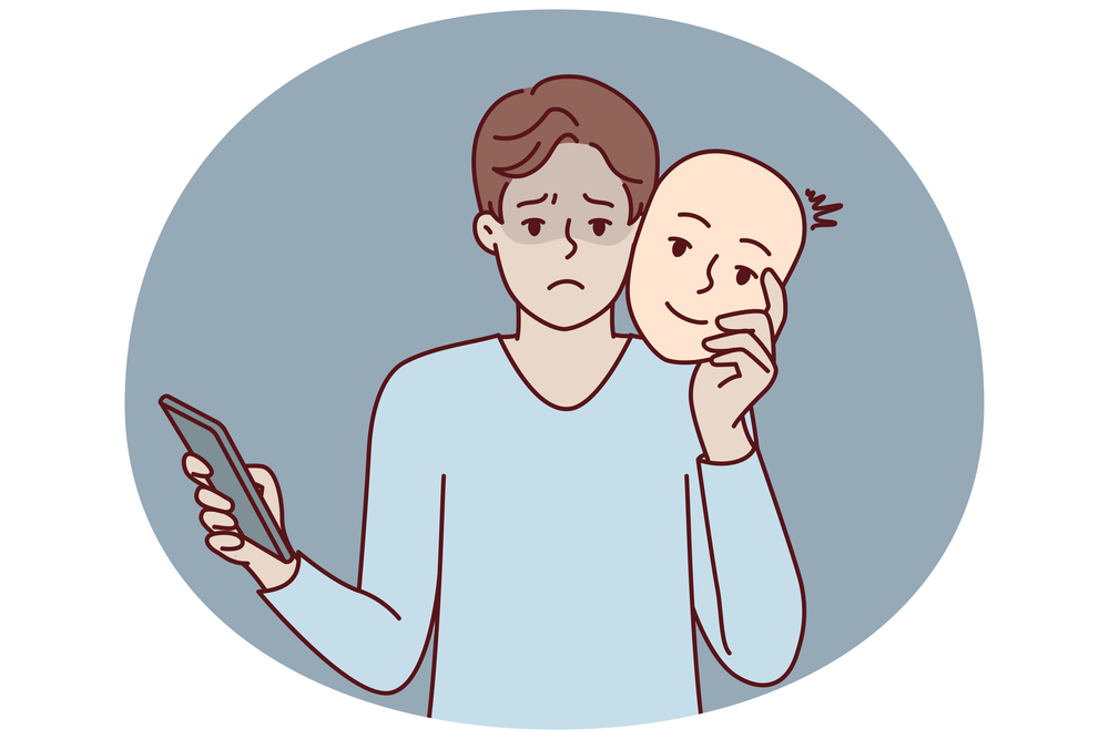 Unhappy man uses mask to pretend to be positive kind human during online dating and social media chat. Guy with phone remove face with smile after impersonating successful person. Flat vector design. Unhappy man with phone uses mask to pretend to be positive human during online dating. Vector image