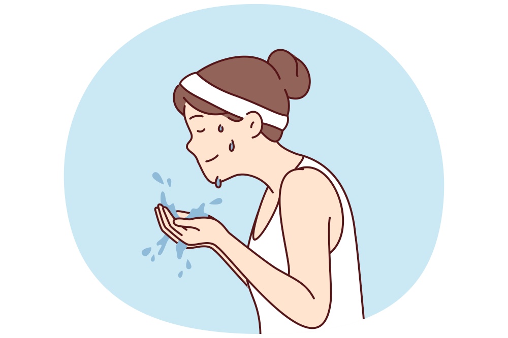 Woman with sports headband on hair holds water in palms wanting to wash face after fitness or morning jogging. Girl in T-shirt with drops of sweat on face after athletic exercises. Flat vector image. Sweaty woman with headband holds water in palms wanting to wash after fitness. Vector image