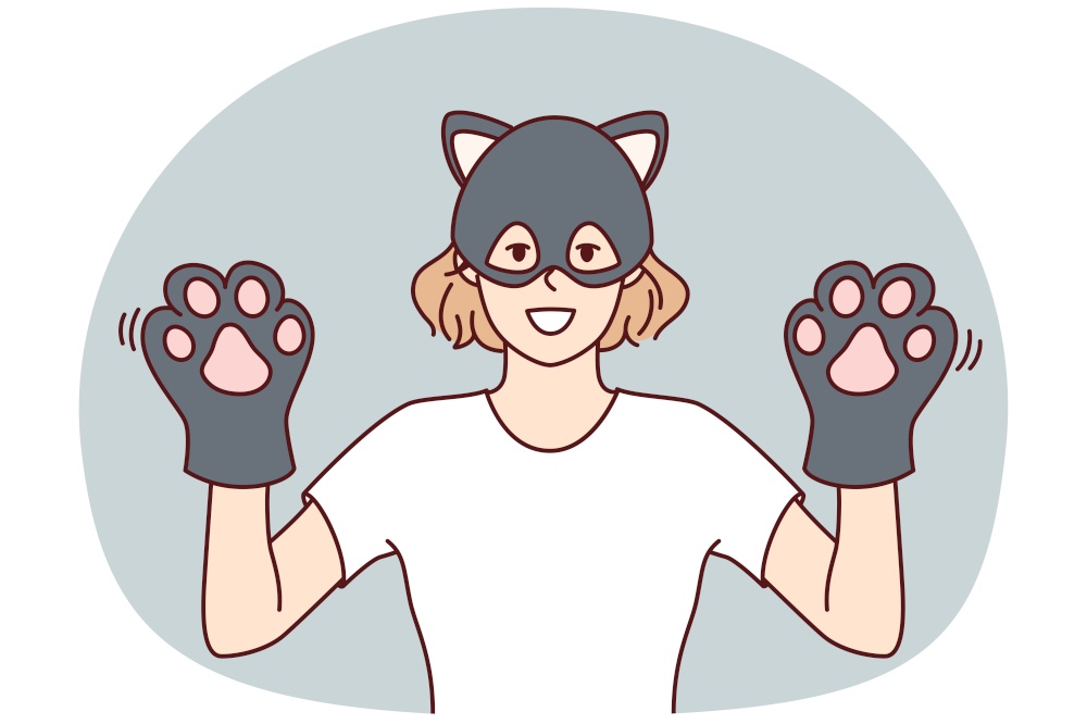 Funny woman in kitten mask demonstrates hands with gloves in form of pet paws. Cheerful young girl shows cool kitty costume for visiting carnival or children party. Flat vector illustration. Funny woman in kitten mask demonstrates hands with gloves in form of kitty paws. Vector image