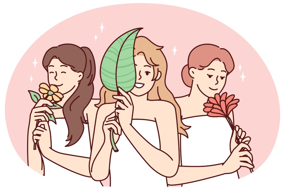 Happy women wrapped in white towels smiling after pleasant spa treatment and holding natural plants. Positive girls enjoy smell of flowers after using good shower cosmetics. Flat vector illustration. Happy women wrapped in towels after pleasant spa treatment and holding natural plants. Vector image