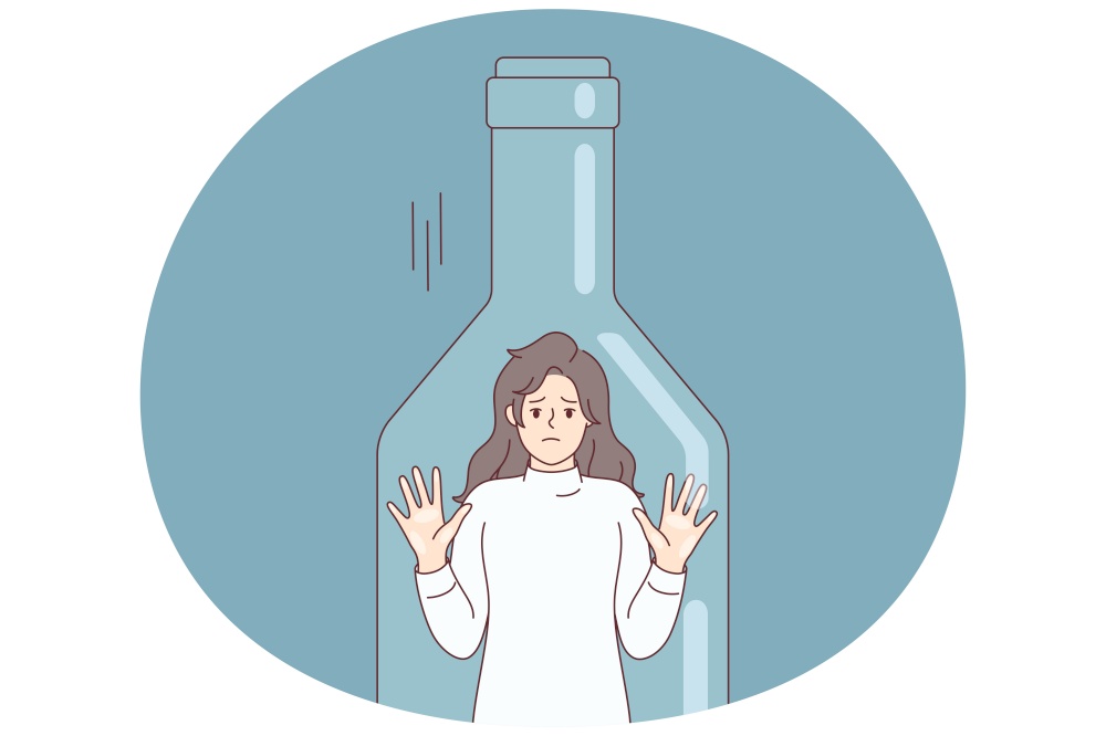 Depressed woman standing inside transparent bottle cant get out due to alcohol abuse. Young girl is trapped in need of treatment and rehab from strong drinks addiction. Flat vector illustration. Depressed woman standing inside transparent bottle cant get out due to alcohol abuse. Vector image