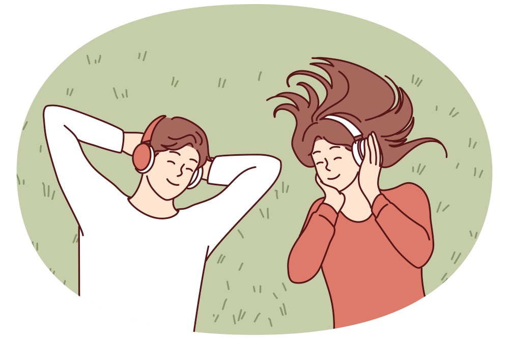 Man and woman enjoy listening to music in wireless headphones and enjoy cool song. Top view of lying carefree guys and girl relaxing with earphones on head with closed eyes. Flat vector illustration. Man and woman enjoy listening to music in wireless headphones and enjoy cool song. Vector image