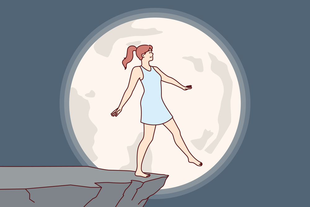 Woman experiences nightmare at night, imagining falling off cliff during full moon, due to presence of sleepwalking syndrome. Nightmare of young person at risk of injury due to psychological disorder. Woman experiences nightmare at night, imagining falling off cliff during full moon