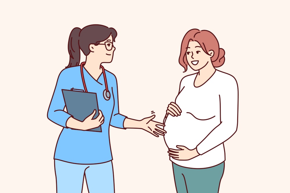 Pregnant woman turns to gynecologist for consultation and check health of unborn child. Pregnant girl preparing to become mother talks with gynecologist from clinic or maternity hospital. Pregnant woman turns to gynecologist for consultation and check health of unborn child