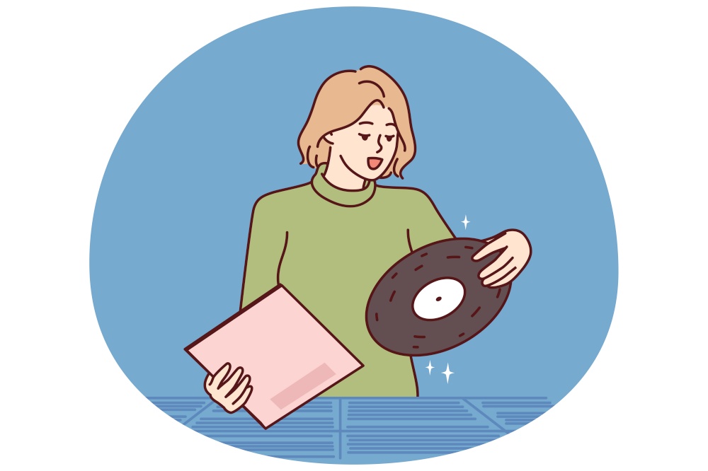 Woman chooses vinyl record standing in store for retro music collectors and analog audio lovers. Girl is looking for classical music from favorite composer at used vinyl record fair. Woman chooses vinyl record standing in store for retro music collectors and analog audio lovers