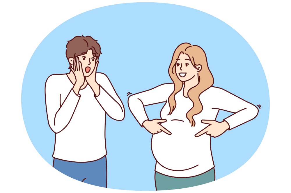 Shocked man is surprised to see pregnant woman and does not want to become father or take girl as wife. Pregnant lady pointing fingers at belly for concept of using contraceptives.. Shocked man is surprised to see pregnant woman and does not want to become father