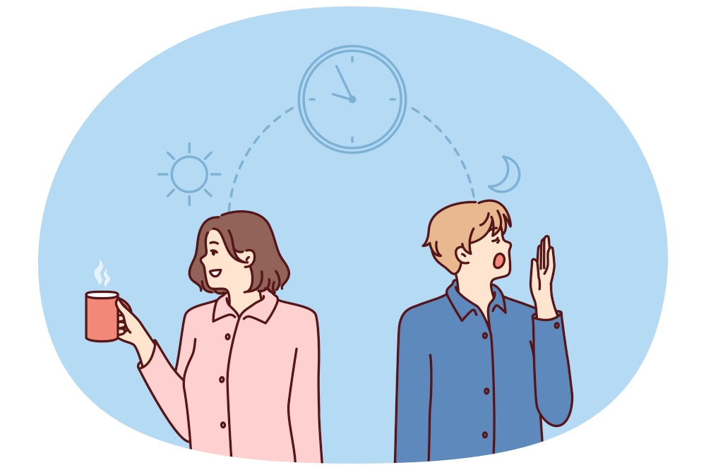 Man and woman experience problems and feel excessive fatigue in early morning or insomnia in evening. Guy and girl in pajamas are standing near clock symbolizing insomnia and breaking sleep cycles. Man and woman experience problems and feel excessive fatigue in early morning or insomnia in evening