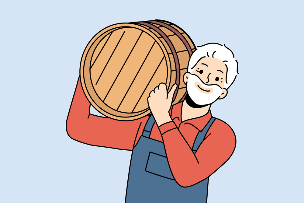 Man winery owner carries barrel of wine on shoulder and smiles, rejoicing at good grape harvest. Elderly human farmer makes craft wine from organic ingredients according to traditional italian recipe. Man winery owner carries barrel of wine on shoulder and smiles, rejoicing at good grape harvest