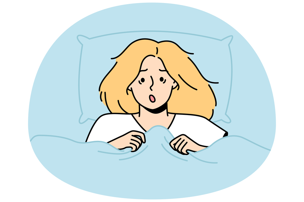 Portrait of shocked blonde lying in bed at home. Astonished woman peeks out from blanket. Girl woke up in horror after nightmare in dream. Insomnia vector outline illustration isolated on blue.. Girl woke up in horror after nightmare in dream.