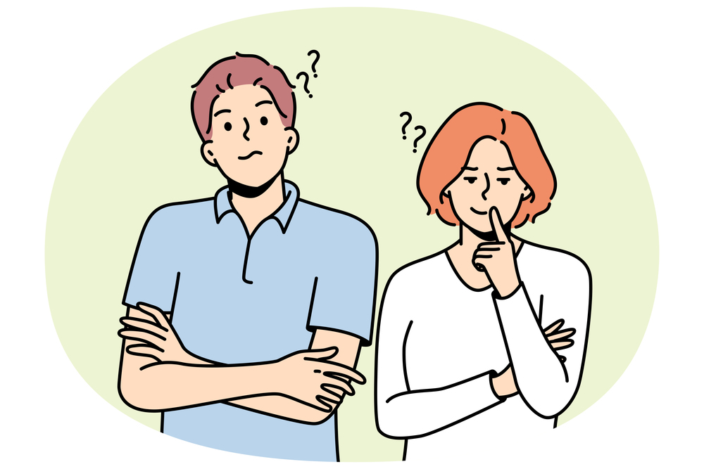 Young woman, man stand side by side in disbelief. Guy, girl do not understand, do not trust each other. Differences in worldview, culture, faith, behavior, education. Vector thin line illustration.. Young woman, man stand side by side in disbelief.