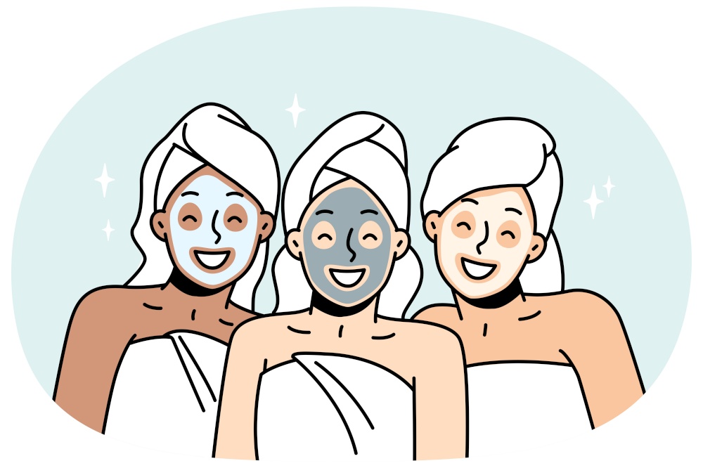 Girls in head and body towels, cosmetic face masks smiling. Women in hair wraps have beauty treatment in spa, sauna. Facial skincare female routine, anti-aging procedure. Vector outline illustration.. Girls in head, body towels, cosmetic face masks.