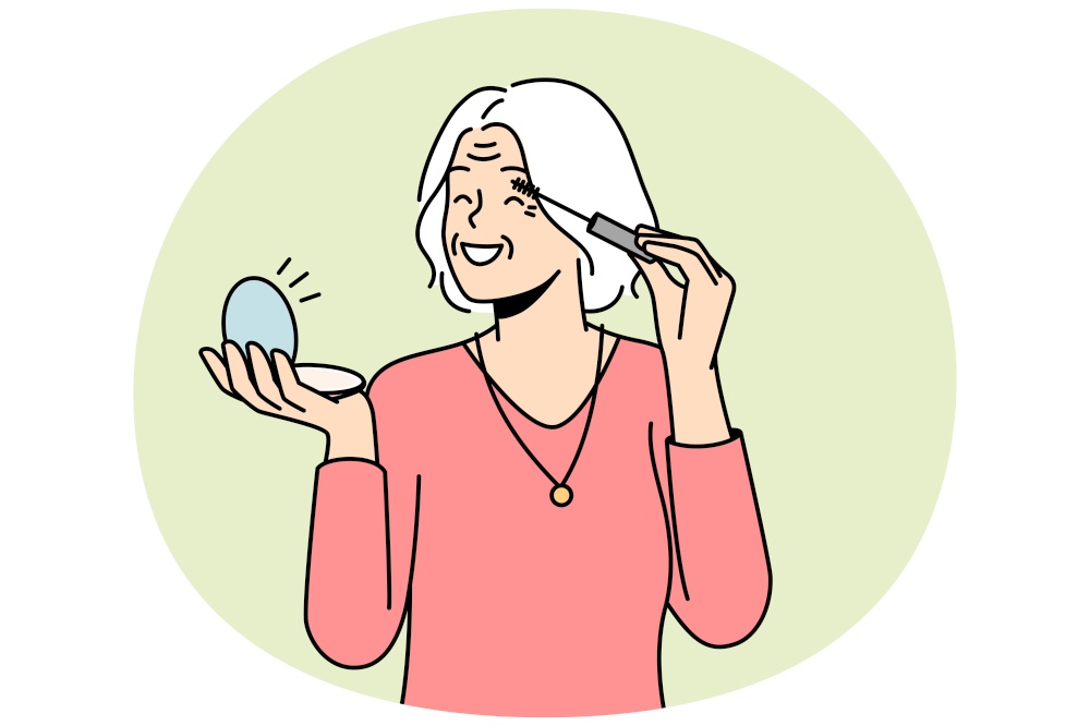 Smiling elderly woman look in mirror doing makeup. Happy optimistic mature grandmother do beauty procedures at home. Vector illustration.. Happy old woman doing makeup
