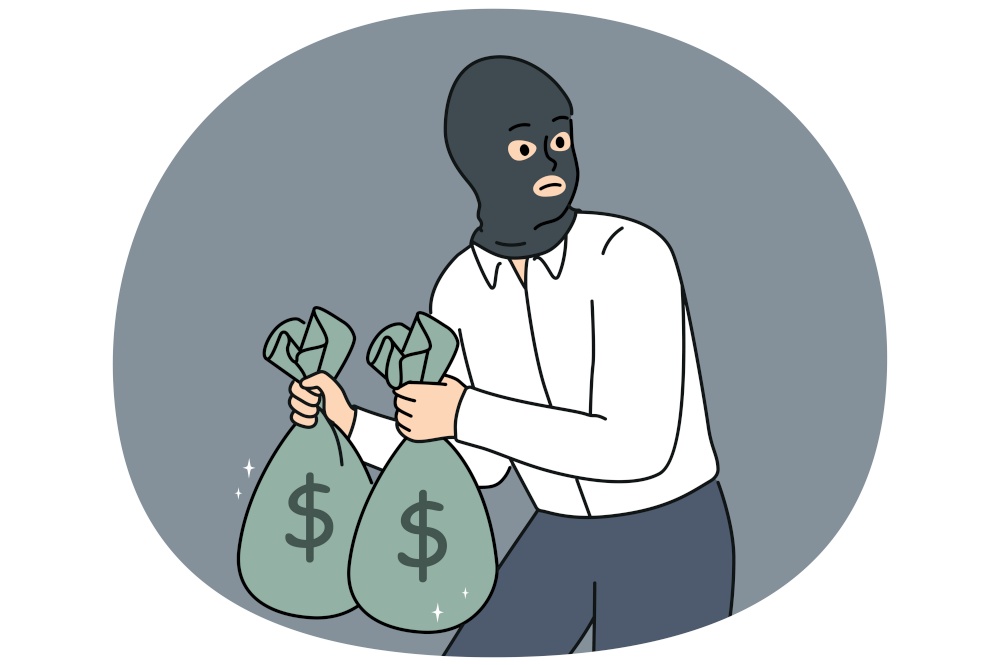 Male thief in face mask holding bags with money in hands. Man burglar or criminal steal cash from bank. Crime and burglary. Vector illustration.. Male thief with money bags in hands