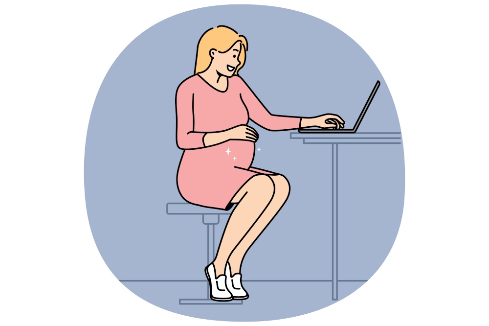 Young pregnant woman work online on laptop at home office. Smiling future mom freelance busy at computer. Pregnancy and business. Vector illustration.. Pregnant woman working on laptop