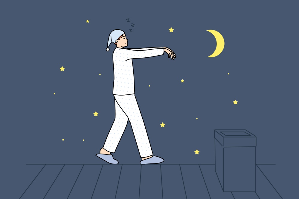 Sleepwalking man walks on roof of house at night, walking in unconscious state due to disease somnambulism. Sleepwalking guy in funny pajamas and cap risks falling from height and getting injured. Sleepwalking man walks on roof of house at night, walking in unconscious state due to somnambulism