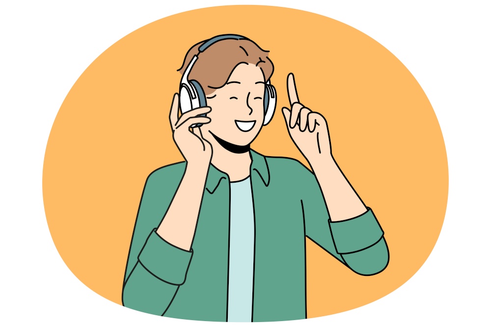 Overjoyed man in wireless headphones listen to music. Smiling guy in earphones have fun enjoying good quality sound. Vector illustration.. Smiling man in headphones listen to music