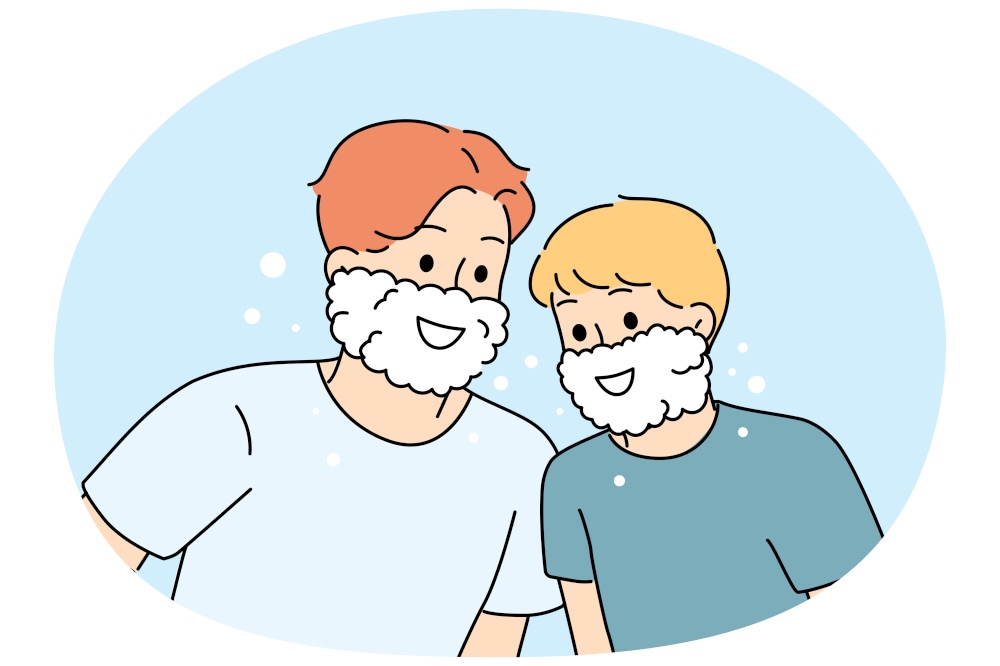 Smiling father and son in foam on face washing in bathroom together. Happy dad teach excited boy child shaving and personal hygiene. Vector illustration.. Smiling father and son with foam on face
