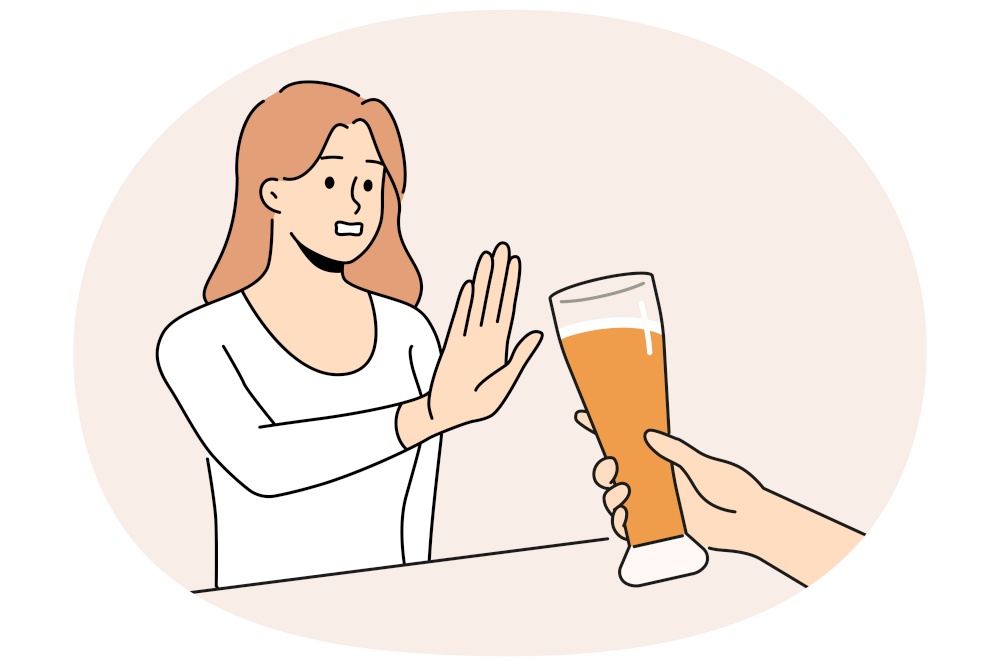 Woman refuse from extra glass of beer at bar. Decisive girl say no to alcoholic drink and excessive alcohol consumption. Addiction problem. Vector illustration.. Woman refuse from beer