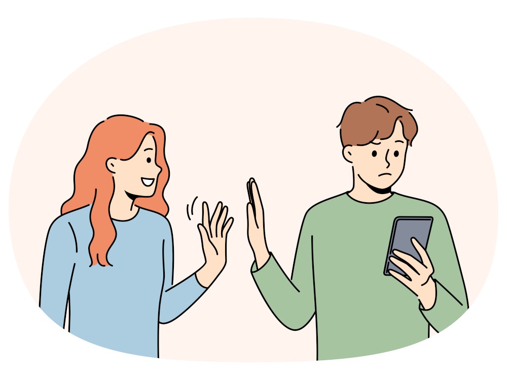 Man reject smiling loving woman showing attention. Busy guy using cellphone avoid and ignore persistent female show interest. Relationship problem. Vector illustration.. Guy reject persistent girl showing interest
