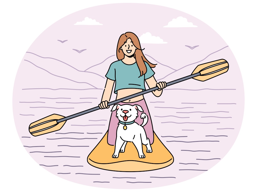 Smiling woman with cute dog sailing on paddle board in sea. Happy girl with puppy enjoy activity on SUP board in summertime. Vector illustration.. Smiling woman with dog sail on paddle board