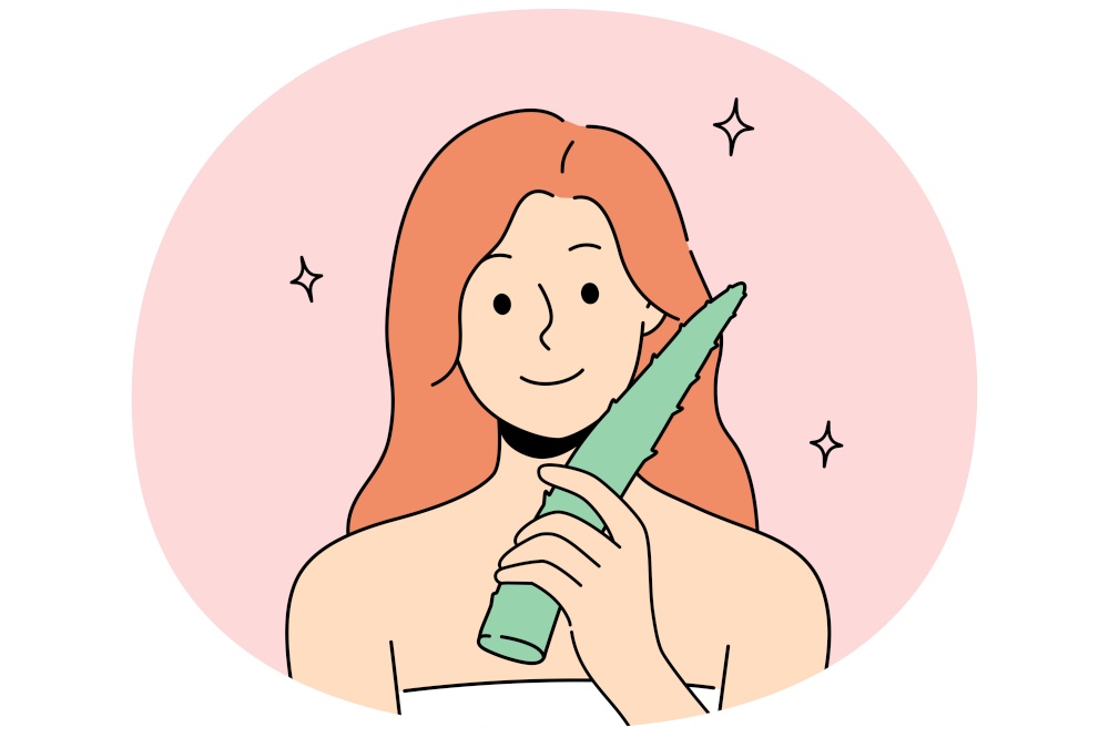 Smiling woman in bath towel hold fresh aloe vera leaf for skin care. Happy girl use organic product for healthy glowing face skin. Skincare. Vector illustration.. Smiling woman use aloe vera for skincare