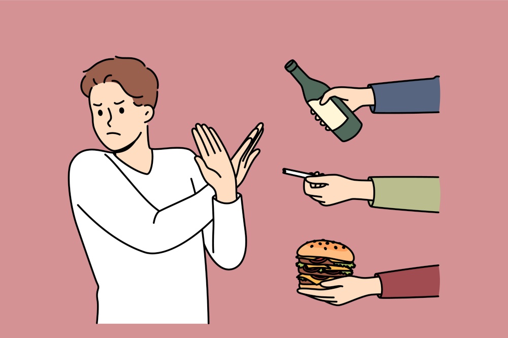Man gives up bad habits, making forbidden gesture near hands with alcohol and cigarettes or fast food. Guy says stop bad habits to start healthy lifestyle and avoid loss of immunity. Man gives up bad habits, making forbidden gesture near hands with alcohol and cigarettes or fastfood